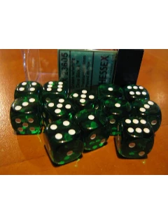 Dobókocka - 6 Oldalú 16mm-es Átlátszó, 12db-os Szett Plexi Dobozban - Translucent 16mm D6 With Pips Dice Blocks - Green/White