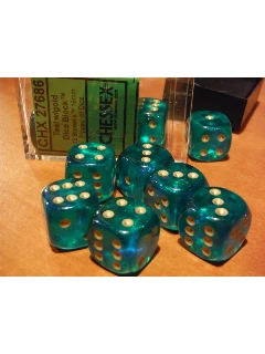 Dobókocka - 6 Oldalú 16mm-es, 12db-os Szett Plexi Dobozban - New Borealis 16mm D6 Sets - Borealis #2 Teal/Gold