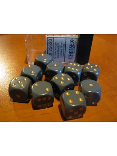 Dobókocka - 6 Oldalú 16mm-es, 12db-os Szett Plexi Dobozban - Opaque 16mm D6 With Pips Dice Blocks - Dark Grey/Copper