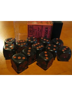 Dobókocka - 6 Oldalú 16mm-es Átlátszó, 12db-os Szett Plexi Dobozban - Translucent 16mm D6 With Pips Dice Blocks - Smoke/Red