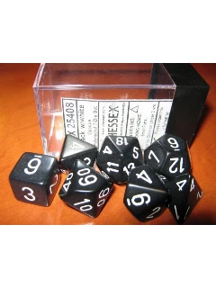 Dobókocka - Többoldalú, 7db-os szett plexi dobozban - Opaque Polyhedral 7-Die Sets - Black/white
