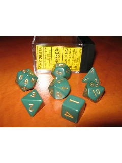 Dobókocka - Többoldalú, 7db-os szett plexi dobozban - Opaque Polyhedral 7-Die Sets - Dusty Green/gold