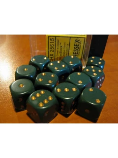 Dobókocka - 6 oldalú 16mm-es, 12db-os szett plexi dobozban - Opaque 16mm d6 with pips Dice Blocks - Dusty Green/gold