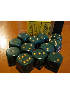 Dobókocka - 6 Oldalú 16mm-es, 12db-os Szett Plexi Dobozban - Opaque 16mm D6 With Pips Dice Blocks - Dusty Green/Gold