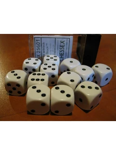 Dobókocka - 6 Oldalú 16mm-es, 12db-os Szett Plexi Dobozban - Opaque 16mm D6 With Pips Dice Blocks - White/Black