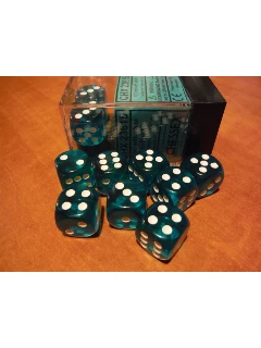 Dobókocka - 6 Oldalú 16mm-es Átlátszó, 12db-os Szett Plexi Dobozban - Translucent 16mm D6 With Pips Dice Blocks - Teal/White