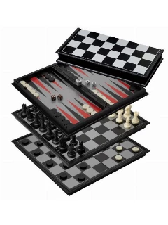 Sakk Backgammon Dáma Szett Műanyag Mágneses - 318 X 159 X 40 mm, Mező 37mm Király 66 mm