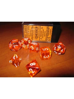 Dobókocka - Többoldalú átlátszó, 7db-os szett plexi dobozban - Translucent Polyhedral 7-Die Sets -Orange/white
