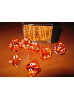 Dobókocka - Többoldalú Átlátszó, 7db-os Szett Plexi Dobozban - Translucent Polyhedral 7-die Sets -orange/White