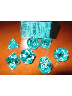 Dobókocka - Többoldalú átlátszó, 7db-os szett plexi dobozban - Translucent Polyhedral 7-Die Sets -Teal/white