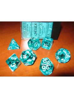 Dobókocka - Többoldalú Átlátszó, 7db-os Szett Plexi Dobozban - Translucent Polyhedral 7-die Sets -teal/White