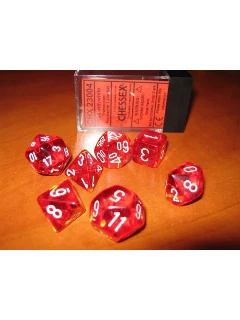 Dobókocka - Többoldalú átlátszó, 7db-os szett plexi dobozban - Translucent Polyhedral 7-Die Sets -Red/white
