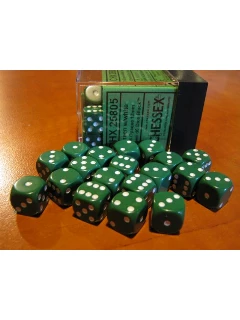 Dobókocka - 6 Oldalú 12mm-es, 36db-os Szett Plexi Dobozban - Opaque 12mm D6 With Pips Dice Blocks - Green/White