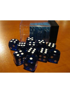 Dobókocka - 6 Oldalú 16mm-es Átlátszó, 12db-os Szett Plexi Dobozban - Translucent 16mm D6 With Pips Dice Blocks - Blue/White