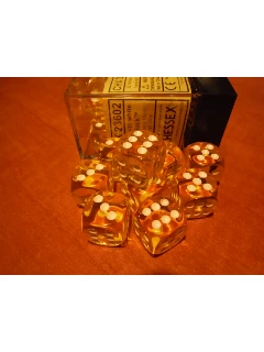 Dobókocka - 6 Oldalú 16mm-es Átlátszó, 12db-os Szett Plexi Dobozban - Translucent 16mm D6 With Pips Dice Blocks - Yellow/White