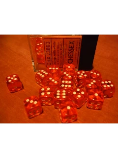 Dobókocka - 6 Oldalú 12mm-es, 36db-os Szett Plexi Dobozban - Translucent 12mm D6 With Pips Dice Blocks - Orange/White