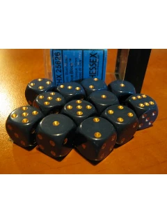 Dobókocka - 6 Oldalú 16mm-es, 12db-os Szett Plexi Dobozban - Opaque 16mm D6 With Pips Dice Blocks - Dusty Blue/Gold