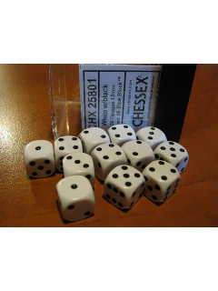 Dobókocka - 6 oldalú 12mm-es, 36db-os szett plexi dobozban - Opaque 12mm d6 with pips Dice Blocks - White/black