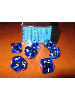 Dobókocka - Többoldalú átlátszó, 7db-os szett plexi dobozban - Translucent Polyhedral 7-Die Sets - Blue/white