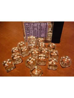 Dobókocka - 6 Oldalú 12mm-es, 36db-os Szett Plexi Dobozban - Translucent 12mm D6 With Pips Dice Blocks - Clear/White