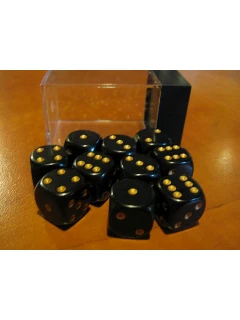 Dobókocka - 6 Oldalú 16mm-es, 12db-os Szett Plexi Dobozban - Opaque 16mm D6 With Pips Dice Blocks - Black/Gold