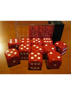 Dobókocka - 6 Oldalú 16mm-es, 12db-os Szett Plexi Dobozban - Opaque 16mm D6 With Pips Dice Blocks - Red/White