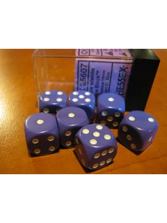 Dobókocka - 6 Oldalú 16mm-es, 12db-os Szett Plexi Dobozban - Opaque 16mm D6 With Pips Dice Blocks - Purple/White
