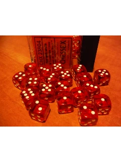 Dobókocka - 6 oldalú 12mm-es, 36db-os szett plexi dobozban - Translucent 12mm d6 with pips Dice Blocks - Red/white