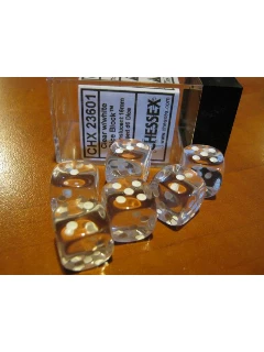 Dobókocka - 6 oldalú 16mm-es átlátszó, 12db-os szett plexi dobozban - Translucent 16mm d6 with pips Dice Blocks - Clear/white