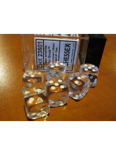 Dobókocka - 6 Oldalú 16mm-es Átlátszó, 12db-os Szett Plexi Dobozban - Translucent 16mm D6 With Pips Dice Blocks - Clear/White