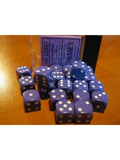 Dobókocka - 6 Oldalú 12mm-es, 36db-os Szett Plexi Dobozban - Opaque 12mm D6 With Pips Dice Blocks - Purple/White