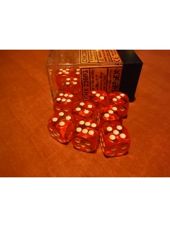 Dobókocka - 6 Oldalú 16mm-es Átlátszó, 12db-os Szett Plexi Dobozban - Translucent 16mm D6 With Pips Dice Blocks - Orange/White