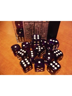 Dobókocka - 6 Oldalú 12mm-es, 36db-os Szett Plexi Dobozban - Translucent 12mm D6 With Pips Dice Blocks - Purple/White