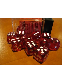 Dobókocka - 6 oldalú 16mm-es átlátszó, 12db-os szett plexi dobozban - Translucent 16mm d6 with pips Dice Blocks - Red/white