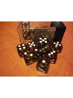Dobókocka - 6 Oldalú 16mm-es Átlátszó, 12db-os Szett Plexi Dobozban - Translucent 16mm D6 With Pips Dice Blocks - Smoke/White