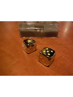 Dobókocka - 6 oldalú 15mm-es, tömör fém dobókocka sárga pöttyös 2db-os szett, plexi dobozban - Metal Dice 15mm yellow spot (2 per boksz)