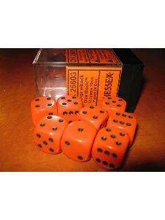 Dobókocka - 6 oldalú 16mm-es, 12db-os szett plexi dobozban - Opaque 16mm d6 with pips Dice Blocks - Orange/black